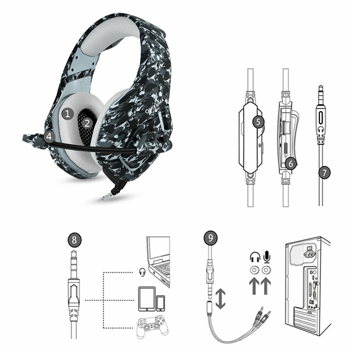 Gaming Headset Earphone With Mic Wired Headphone Y Splitter Audio Cable Support Mic Volume Control For PC Laptop Dropshipping