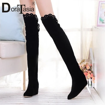 

DORATASIA Female Flock Solid Wedges Round Toe Winter Boots Sweet Casual Fashion Boots Women Round Toe Knee High Shoes Woman