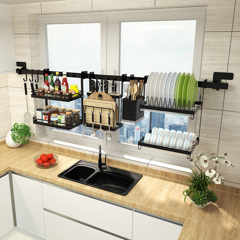 

black non-perforated kitchen drain bowl rack stainless steel shelf sink above the window hanging season rack