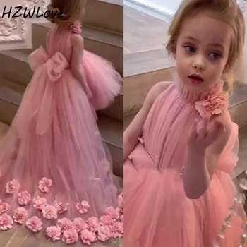 

High Low Flower Girl Dresses for Weddings High Neck Handmade 3D Floral Applique Girls Pageant Gowns Back Bow Communion Dress