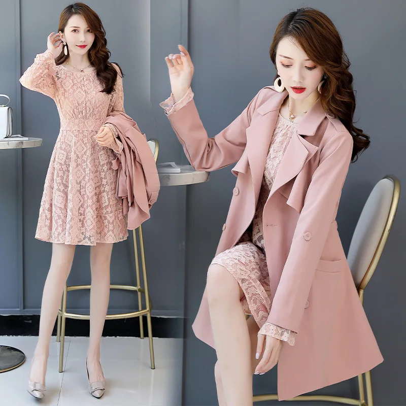 

2019 Autumn Versatile Fashion Fold-down Collar Waist Hugging Gauze Hollow out Trench Coat Two-Piece Set