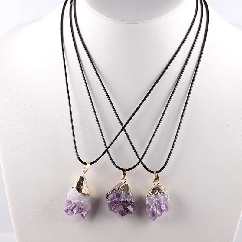 

Irregular Natural Amethysts Necklace Unique Healing Black Rope Purple Quartz Choker Semi-precious Chakra Reiki Raw Jewelry