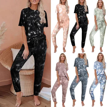 

Women's Short-Sleeved Pajamas Set Female Leisure Tops Loungewear Women Tie-Dye Loose Gradient Printing Comfortable Winter 2020