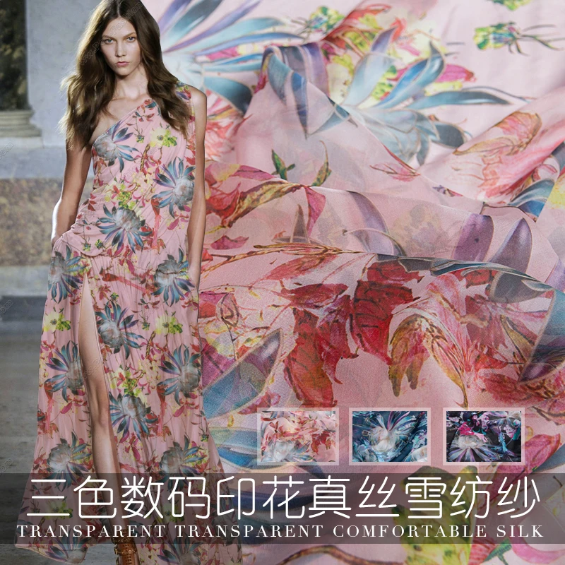 

Woman 's Dress Fabric Silk Chiffon DIY Scarf Plants and Flowers Sexy Spring and Summer Digital Printing Ultra-thin 6 , M Silk