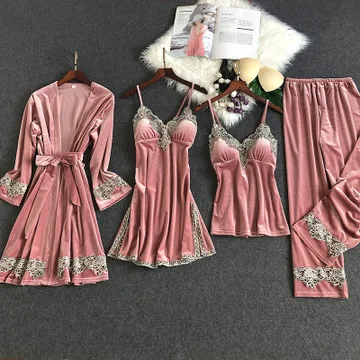 HaloSweet зимние женские пижамы костюм бархатная Пижама с халат ночная рубашка и халат из четырех частей сексуальный теплый пеньюар кружево - Цвет: Розовый