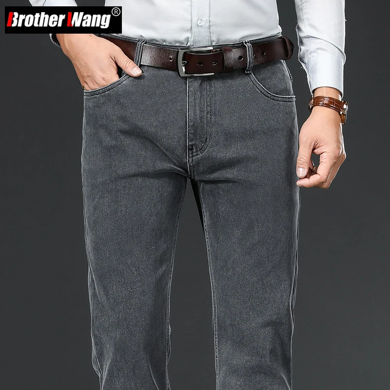 

2022 New Autumn Winter Men's Stretch Jeans Business Casual Classic Style Trousers Black Gray Straight Denim Pants Male Brand