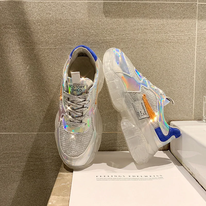Брендовые весенние трендовые женские прозрачные кроссовки Harajuku женская прозрачная обувь на платформе повседневная обувь с лазером блестящая беговая Обувь