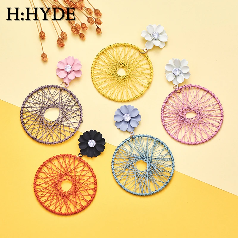

H:HYDE Korean Hollow Mesh Drop Earrings Simple Big Round Flower Crystal Earrings for Women Statement Jewelry Brincos
