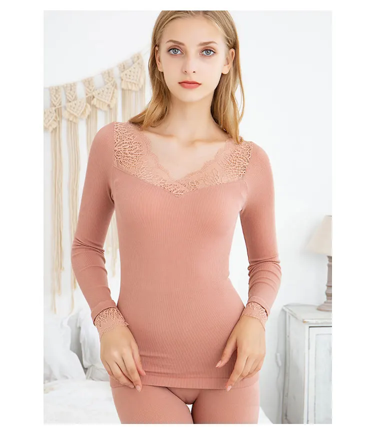 Sexy Lace Thermal Underwear For Women Winter Long Johns Set Bodycon Slim Thermal Clothing V-Neck Second Female Skin Inner Wear