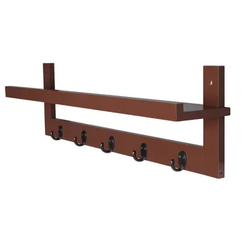 

Wall-Mounted Coat Rack Shelf Wooden Hat Hook Hanger Organizer with 5 Metal Hooks for Door Living-room Bedroom Hallway Bathroom