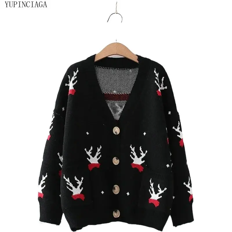 

YUPINCIAGA Korean Style Fawn Jacquard Knitted Cardigan Women Autumn Long-Sleeved Loose Double Pocket V-Neck Knit Sweaters