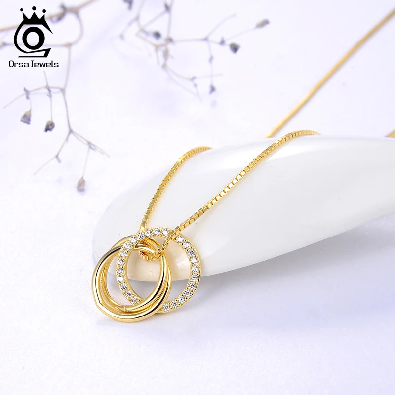 ORSA JEWELS Pure 925 Sterling Silver Pendant Necklace Women Clear AAAA Zircon Combine Circle Fashion Party Gift Jewelry SN175 - Image 2