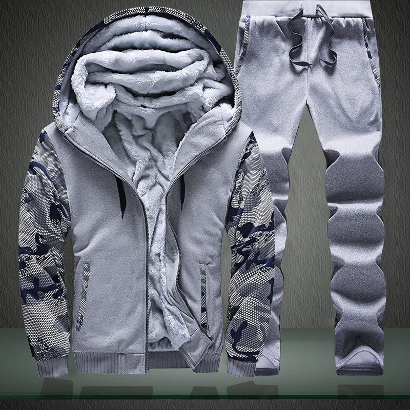 

New Winter Tracksuits Men Set Thick Fleece Hoodies+Pants Suit Zipper Hooded Sweatshirt Sportswear Set Male Hoodie Sporting Suits