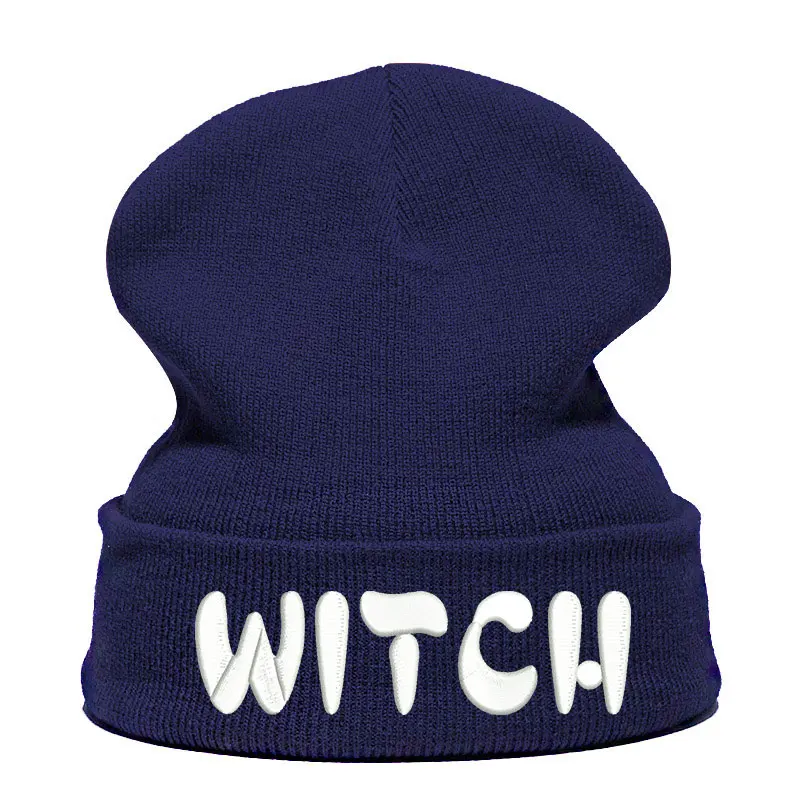 Beanie шляпа Skullie шапка, вязаная шапка-носок зима-осень вышивка в стиле панк Для мужчин Для женщин подростков уличных танцев забавные хип-хоп-ведьма - Цвет: Тёмно-синий