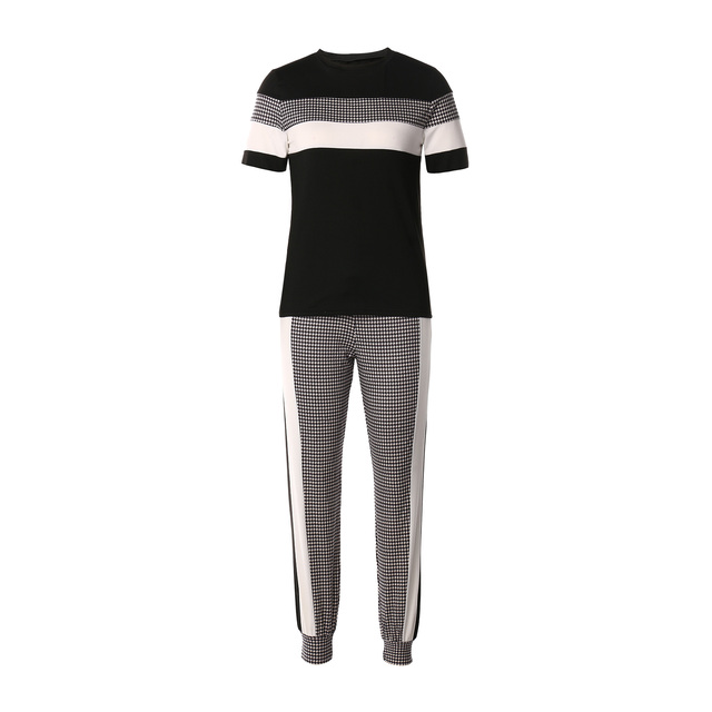 Striped Short Sleeve Tape Top & Drawstring Pants Set Casual Basic Women Two Piece Set