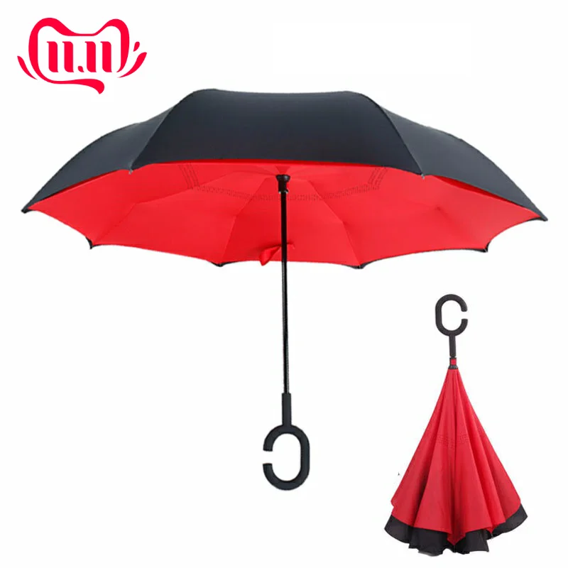 

Red Reverse Folding Double Layer Guarda Chuva Inverted Umbrella Self Stand Inside Out Rain Protection For Long Car