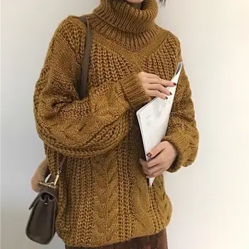 

Fall Winter Thick Outdoor Knitted Sweater Office Lady Women Comfortable Basic Loose Warm Fresh Sweet Turtleneck Sweater