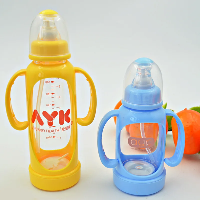 

[Factory Price] Baby Sport Glass Feeding Bottles Heat Resistant Standard Mouth Glass with Handle Straw Shatter-resistant Infants
