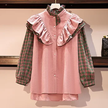 

COIGARSAM 4XL Plus Size Ruffles Shirt Womens tops New Plaid Patchwork Women shirts 9053
