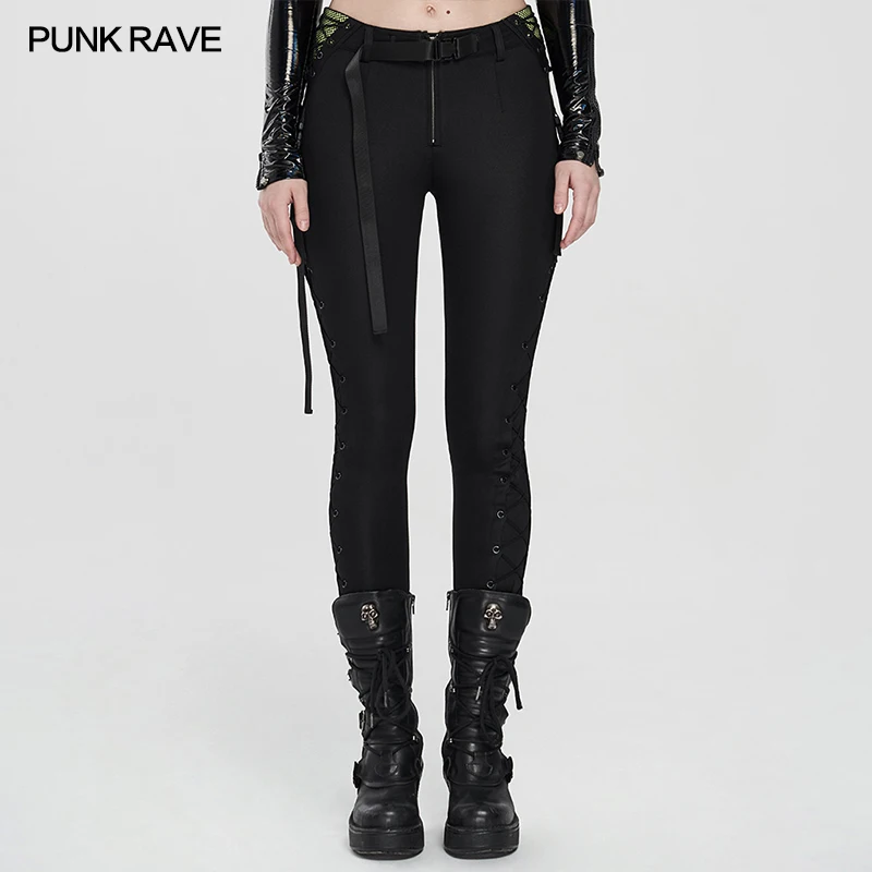 PUNK RAVE Women's Punk stretch leggings female casual trouser slim elastic rope strap Trousers Waist Side Yellow-green Splicing stretch yoga strap