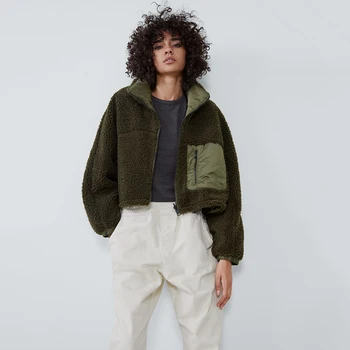 

ZA Autumn Winter New Fleece Coat 2019 Fashion Stand Collar Long-sleeved Fleece Two-side Pocket Zipper Closure Short Warm Coat