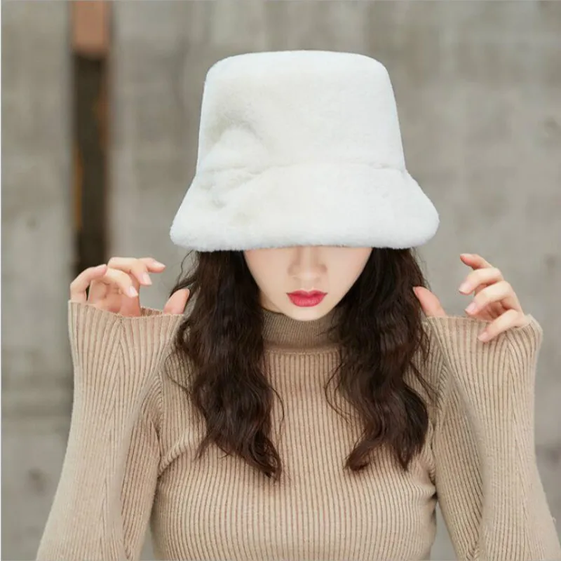 Женская зимняя Панама из искусственного меха, Высококачественная однотонная теплая Женская шапка из искусственного меха, Солнцезащитная шляпа от солнца, Панама, женская шапка - Цвет: Белый