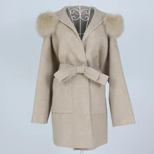 OFTBUY 2021 New Oversize sciolto Cashmere misto lana cappotto in vera pelliccia giacca invernale donna collo in pelliccia di volpe naturale cappuccio capispalla cintura