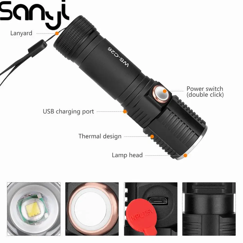 

Mini Flashlight Torch Zoom Function USB Rechargeable/AAA battery Lantern LED Lamp 3 Modes Lighting T6 Flashlight for Climb/Hunt