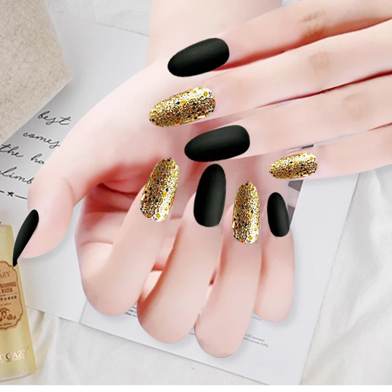 24Pcs Fake Nails Gold Glitter Detachable False Nails Extended Nail Art Full Cover Nails Long Nail Tips Fake Nails Tips