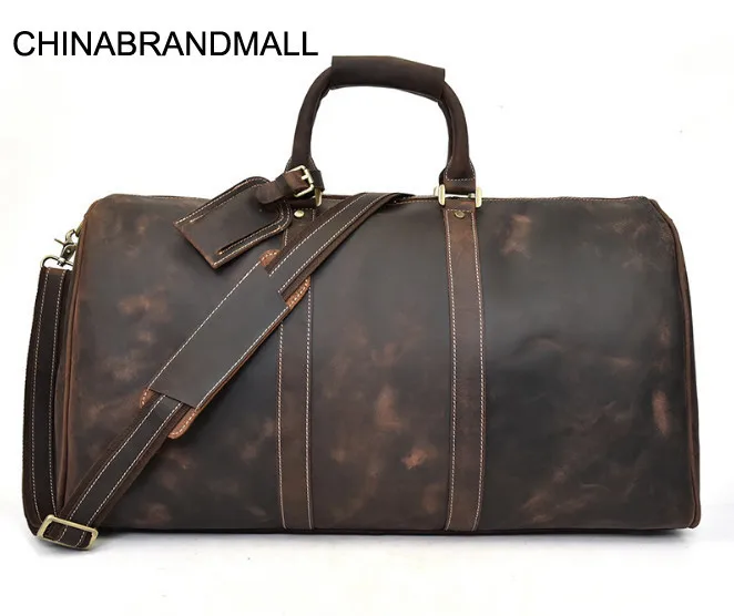 

Vintage genuine leather cow skin men casual large holdall 60cm