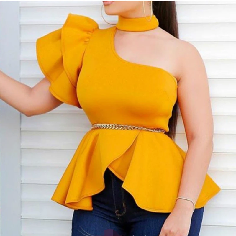 Blusas sexys de un hombro para mujer, Tops con volantes para fiesta de noche a la moda, blusas femeninas con Espalda descubierta, de talla grande|Camisas polo| - AliExpress