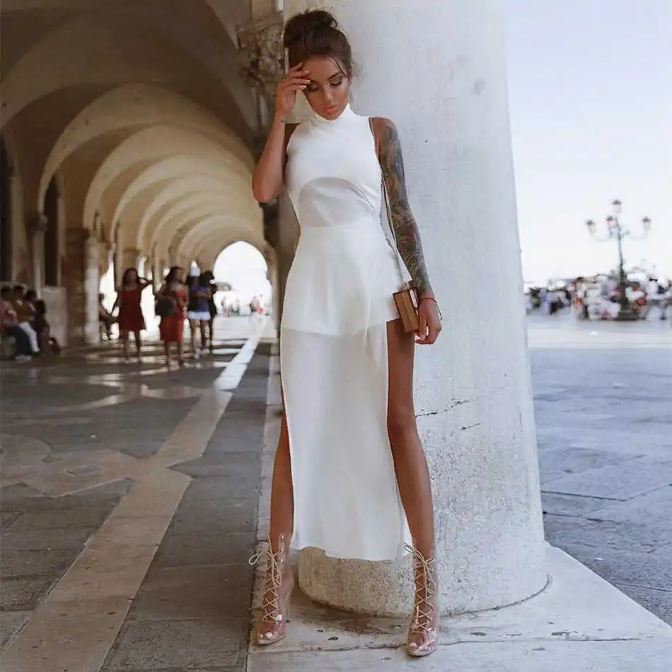 Seamyla белое Бандажное платье без рукавов с высоким воротом, женское сексуальное Летнее Длинное облегающее платье с разрезом для вечеринок и клубов, Vestidos