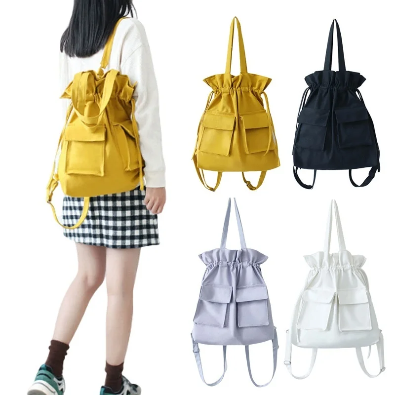 Estilo coreano de lona de algodón bolso de mano con 2 lindo bolsillo bolso de hombro mochila multifuncional moda para niñas
