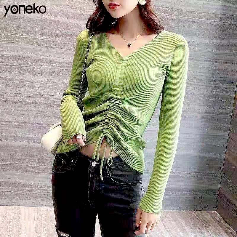 

Sexy V Neck Lace Up Knitted Sweaters Women Autumn Ribbed Long Sleeve Solid Navel Bare Crop Tops Autumn Knitwear Jumper Tops KM28