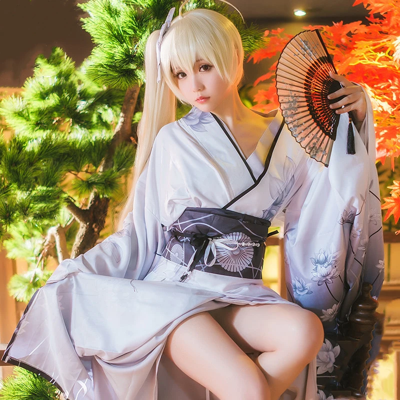 Аниме Yosuga no Sora Косплей Костюм Касугано Кимоно длинное платье + парик веер полный