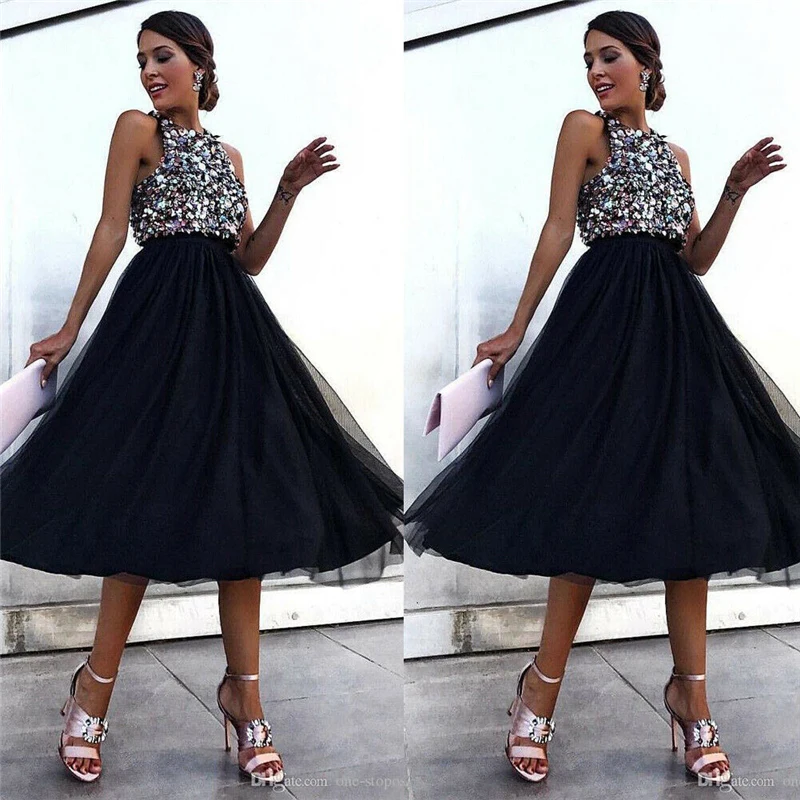 Сексуальное черное вечернее Тюлевое платье с пайетками женское бальное без