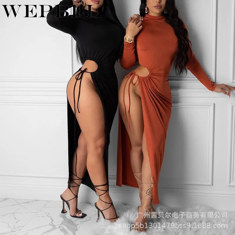 

WEPBEL Autumn Long Sleeve O-Neck High Waist Solid Color Fashion Dress Women's Sexy Lace-up Asymmetric Split Dress