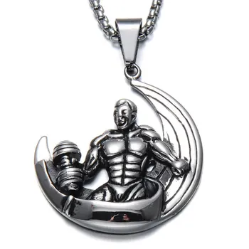

Moon Muscle Man Dumbbell Pendant Necklace Stainless Steel Weight Lifting Fitness Sport Necklace Men Bodybuilding Gym Jewelry