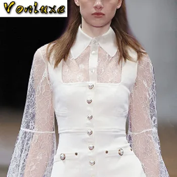 

2020 Spring Summer Runway Luxury Designer Women's High Quality Lace See-through Blouse Tops Slim Bodycon Bandage Dress Clothes