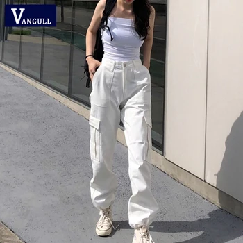 

Vangull Button Pockets Patchwork Cargo Pants Women Streetwear High Waist Trousers Women 2019 Fashion Pencil Pants Joggers Women