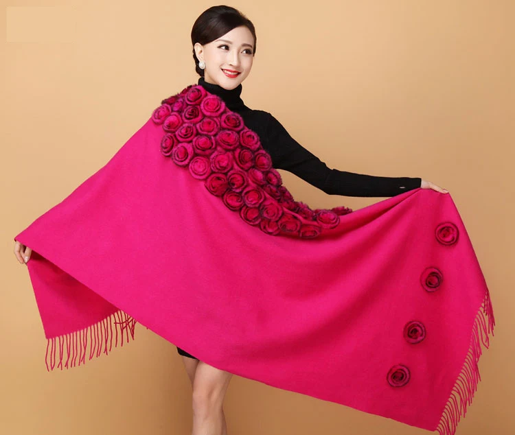 rose red Зимний платок шарф для женщин с натуральным кроличьим мехом цветок элегантные дамские толстые накидки и обертывания Модные женские шерстяные - Цвет: rose red
