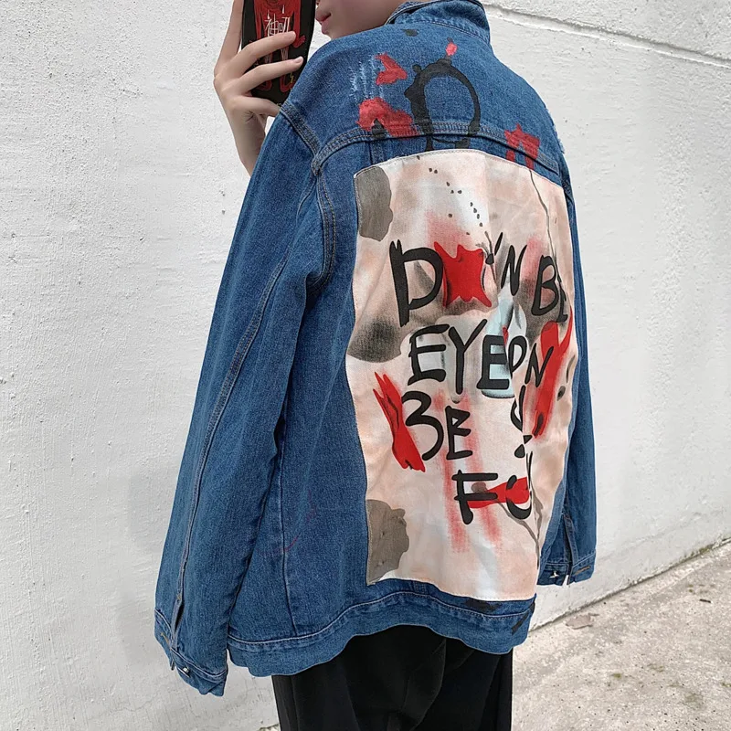Cheap Hip Hop Denim Jacket Men's Fashion Print Casual Loose Denim Jackets Mens Streetwear Wild Bomber Jacket Men Coat Cowboy Outwear