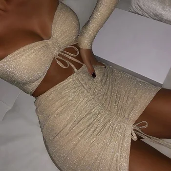 

One shoulder flash sexy suit pop silver silk wrap chest pleated skirt two piece set for women women two piece outfits
