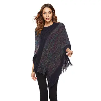 

Womens Batwing Sweater Rainbow Colorful Stripes Knitted Pullover Poncho Cape