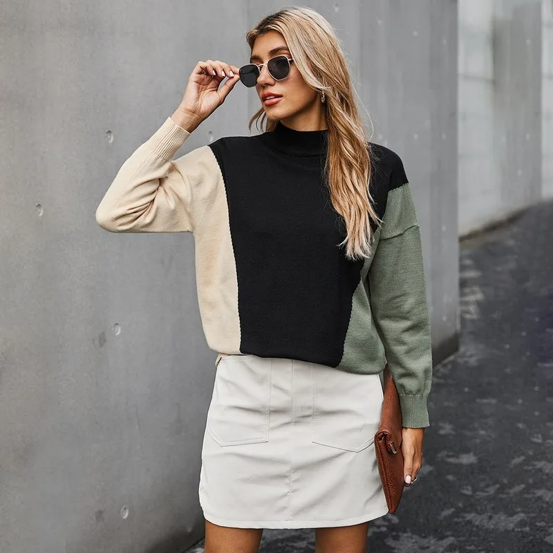 

Winter 2020 Knitted Sweater Women Loose Knit High Collar Simplicity Color Contrast Splicing Fashion Long Sleeves Pullover