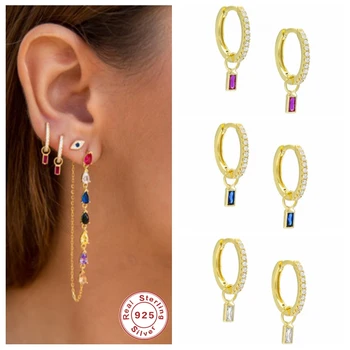 

925 Sterling Silver Pendientes Piercing Earring Bling Rectangle Colorful Zircon Hoop Earring For Ladies Woman Gift Fine Jewelry