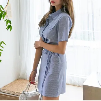 

Short Sleeve Striped Dress 2020 New Summer Korean Fashion Elegant Elegant Exquisite Simple Slim Loose Mini Dress