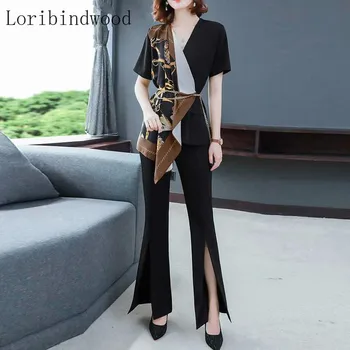

2020 summer Fashion Two piece set Women short sleeve irregular floral Top blouse + Split flare pants Casual 2 piece sets