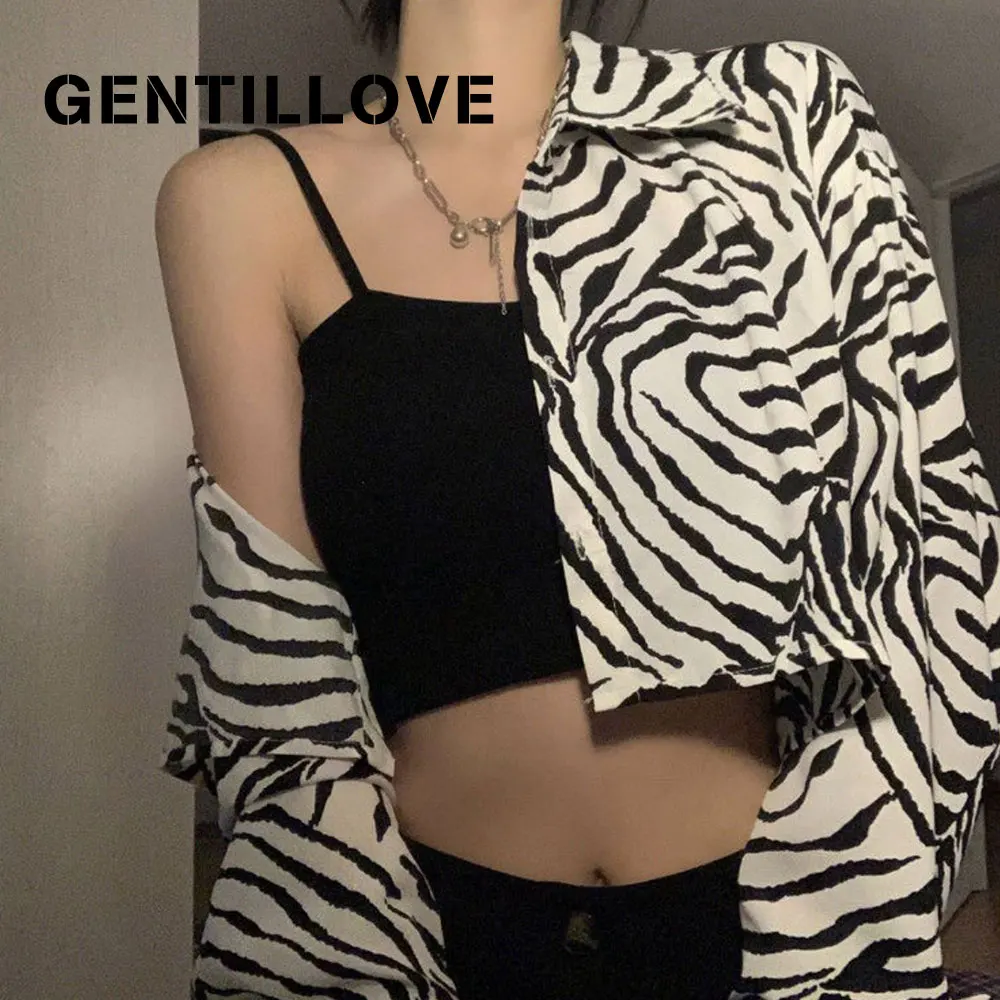 

Sexy Zebra Pattern Short Women Blouse Lapel Oversized Fashion Crop Top Chic Clubwear Autumn Popular Shirt Teen Girls Streetwear