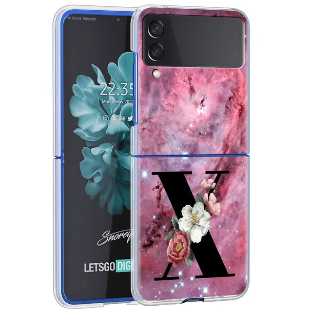 Letter A B Flowers Pink Case For Samsung Galaxy Z Flip 3 5G Transparent Hard Cell Phone Cover ZFlip3 Clear PC Luxury Fundas H24